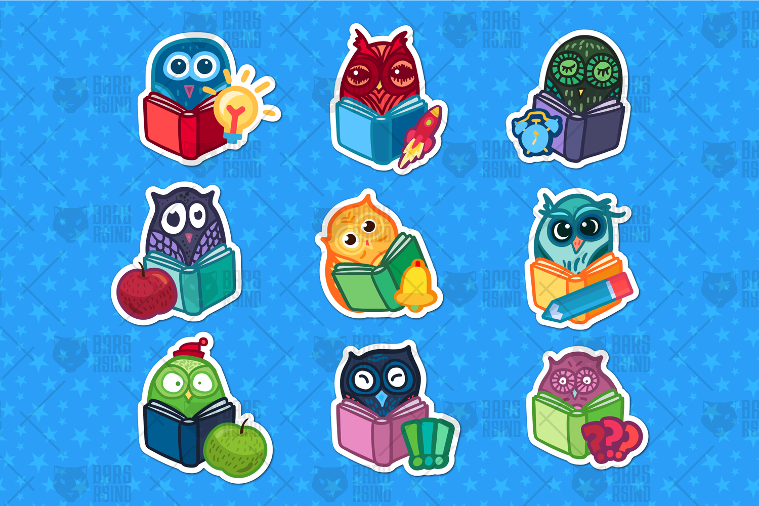 Download Иллюстрация "Cartoon School Stickers Set - Illustration" / Cartoon School Stickers Set - Illustration - Иллюстрация на тему графика owl,school,vector,bird,notebook,cartoon,character,animal,book,teacher,set,wise,smart,element,study,mathematics,supplies,kids,background,reading