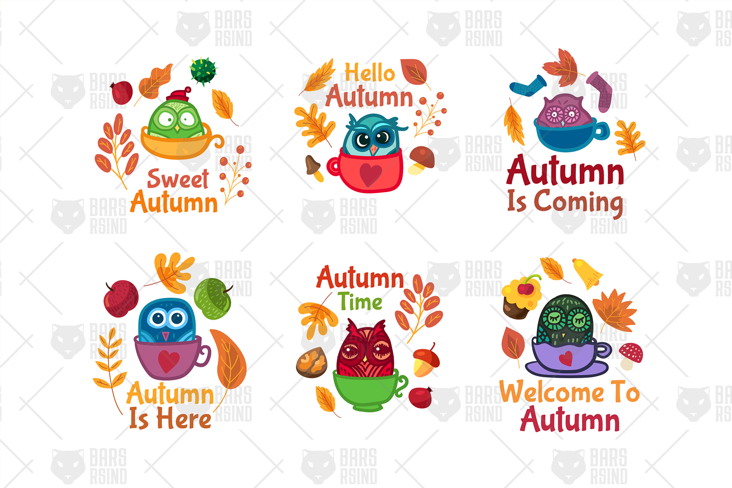 Download Иллюстрация "Cozy Autumn Pack - Illustration" / Cozy Autumn Pack - Illustration - Иллюстрация на тему графика autumn,hello,composition,set,text,card,vector,badge,leafage,typography,fall,frondage,leaf,cartoon,harvest,owl,sticker,season,welcome,october