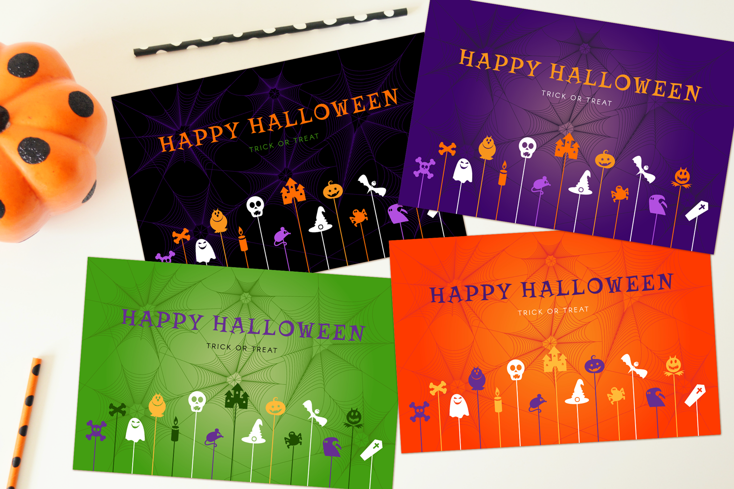 Download Иллюстрация "Halloween Greetings Pack - Illustration" / Halloween Greetings Pack - Illustration - Иллюстрация на тему графика halloween,vector,background,set,banner,happy,pumpkin,poster,party,fun,illustration,ghost,web,bat,witch,spider,october,treat,trick,horror