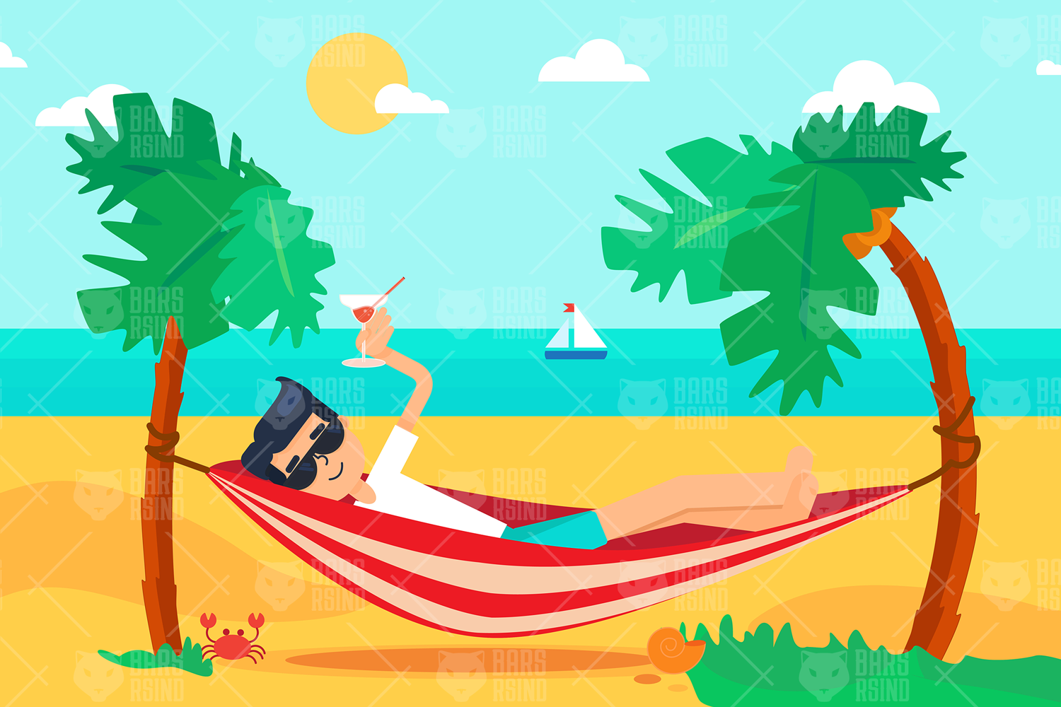 Download Vector "Sun and Sea Vacation On The Island - Vector Image" / Sun and Sea Vacation On The Island - Vector Image - Vector на тему графика hammock,vacation,beach,sea,palm,vector,summer,illustration,tropical,rest,sun,ocean,relax,nature,travel,holiday,sand,island,people,character