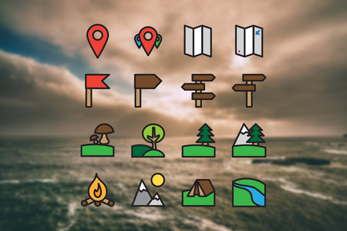 Download Набор иконок "16 Camping Icon Set" / 16 Camping Icon Set - Набор иконок на тему travel hiking,hill,tree,icon,park,map,travel,vector,field,camp,walk,picnic,trekking,pointer,mushroom,recreation,tent,forest,expedition,fire