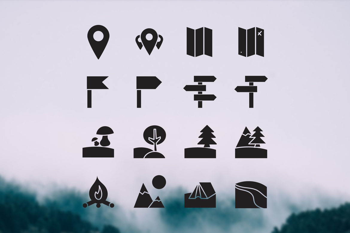 Download Набор иконок "16 Camping Icon Set" / 16 Camping Icon Set - Набор иконок на тему travel hiking,hill,tree,icon,park,map,travel,vector,field,camp,walk,picnic,trekking,pointer,mushroom,recreation,tent,forest,expedition,fire