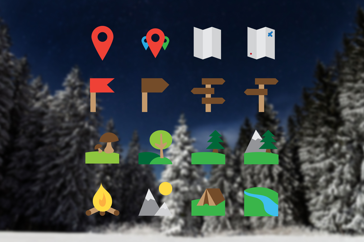 Download Набор иконок "16 Camping Icon Set" / 16 Camping Icon Set - Набор иконок на тему travel hiking,hill,tree,icon,park,map,travel,vector,field,camp,walk,picnic,trekking,pointer,mushroom,recreation,tent,forest,expedition,fire