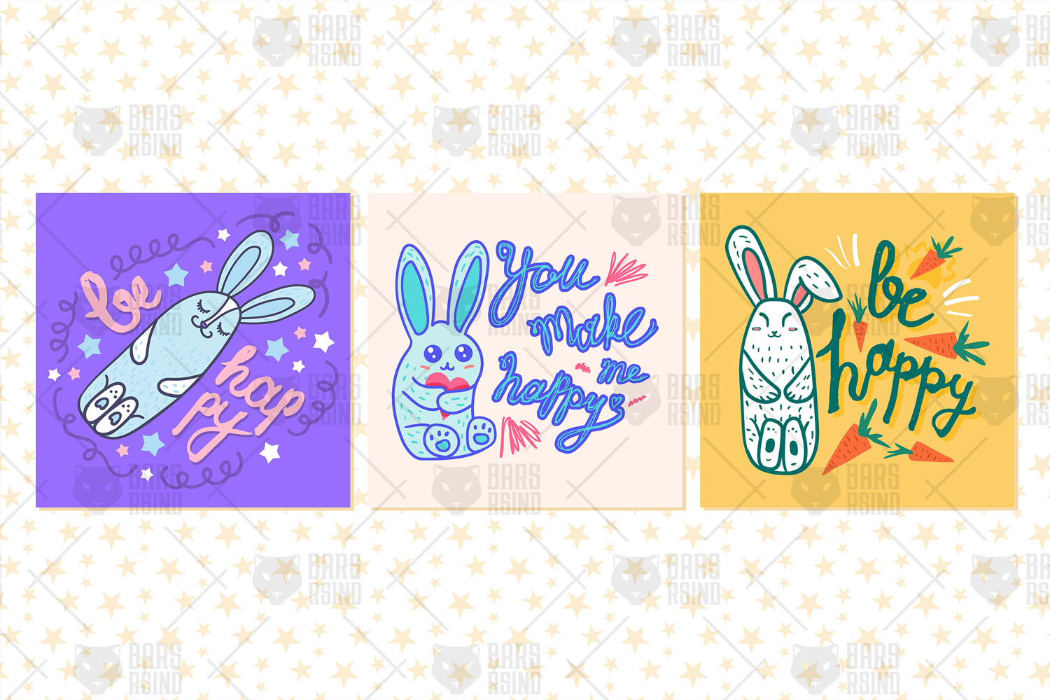 Download Vector "Happy Rabbits Clipart Set - Vector Image" / Happy Rabbits Clipart Set - Vector Image - Vector на тему графика card,happy,lettering,handwriting,doodle,vector,set,love,motivation,bunny,phrase,romantic,easter,cute,gift,illustration,rabbit,template,birthday,valentine