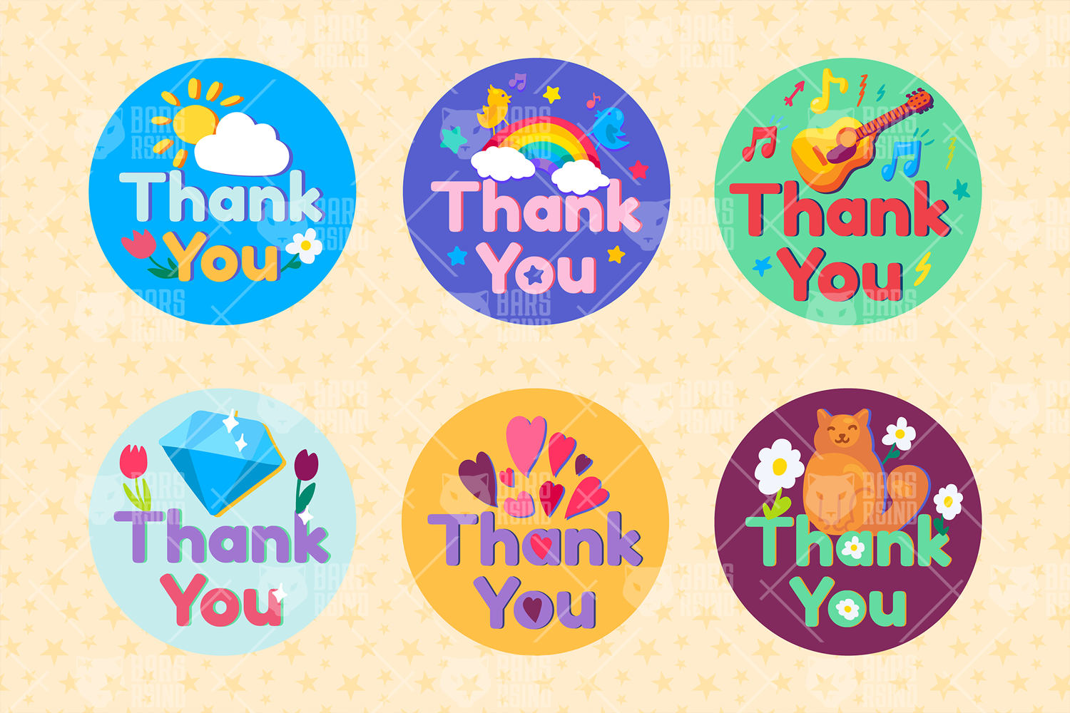 Download Vector "Thank You Stickers Set - Vector Image" / Thank You Stickers Set - Vector Image - Vector на тему графика thanksgiving,day,thanks,thank you,sticker,patch,bright,friendly,decoration,sunny,gift,greeting,gratitude,clear,flowers,appreciation,animal,sun,cloud,music
