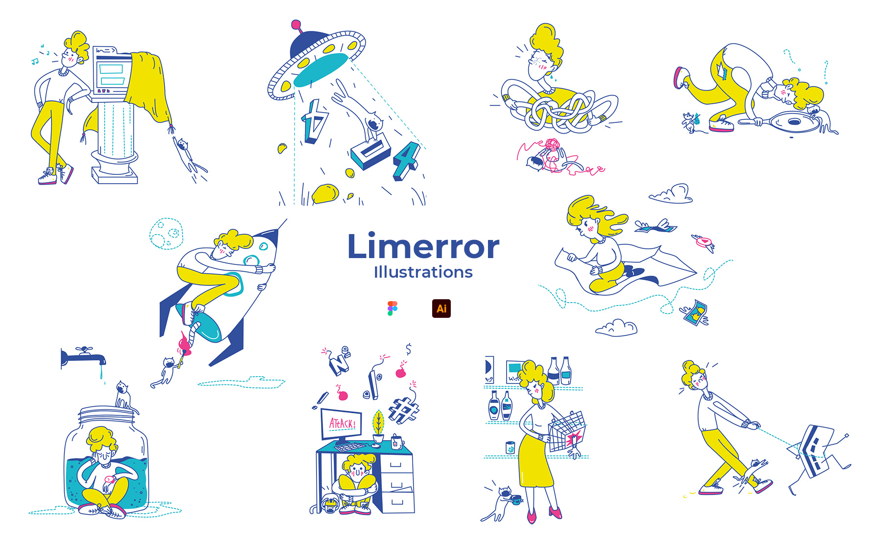 Download Иллюстрация "Limerror - Pack - Illustration" / Limerror - Pack - Illustration - Иллюстрация на тему графика illustration,pack,error,app,website,character,loading,under construction,empty cart,cart,start,project,ddos attack