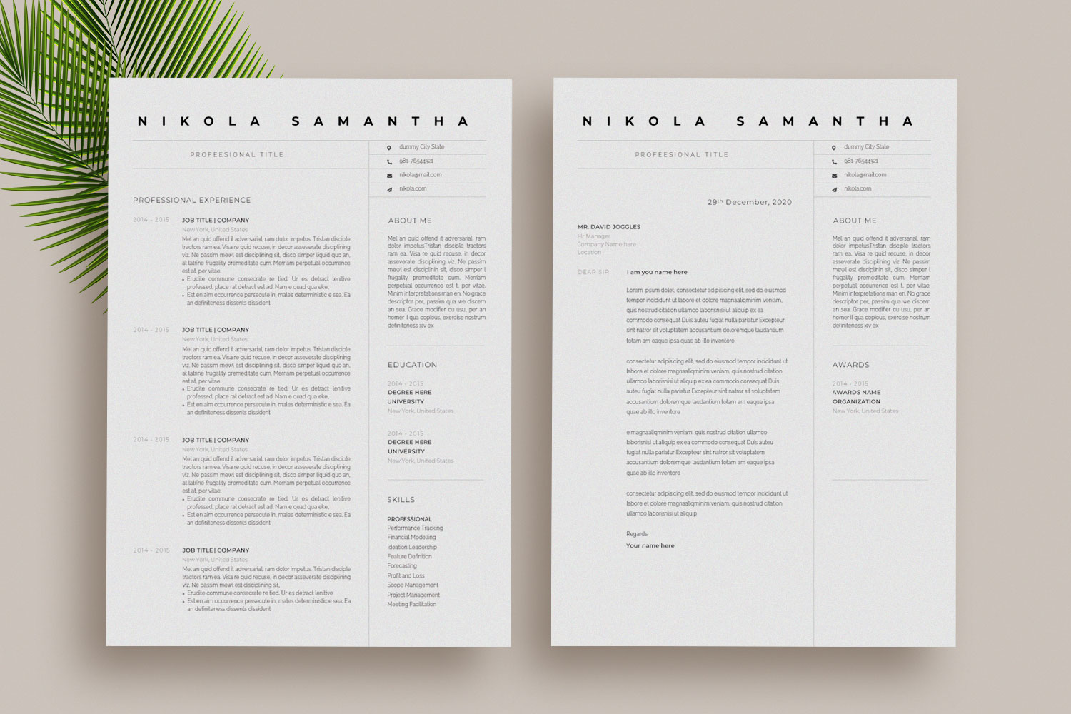 Download Резюме "NIkola Resume Template" / NIkola Resume Template - Резюме на тему графика 2 page resume,2020 resume,3 page resume,4 page cv,a4,black,black and white,business card,clean,clean resume,cv,docx,download resume,elegant,indesign resume,microsoft word,modern,photoshop res