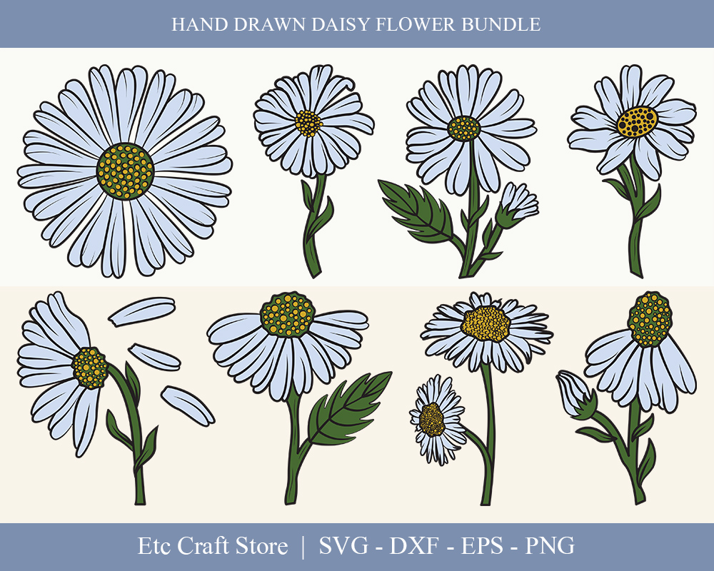 Download Иллюстрация "Daisy Flower Clipart Bundle Drawings - Illustration" / Daisy Flower Clipart Bundle Drawings - Illustration - Иллюстрация на тему графика daisy,flower,floral,leaves,plant,design,svg,dxf,eps,png,clipart,cricut,cut,file,line,drawing,sketch,wreath,botanical,illustration