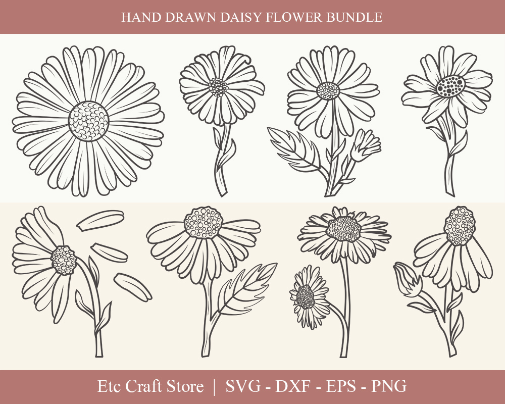 Download Иллюстрация "Daisy Flower Outline Bundle Drawings - Illustration" / Daisy Flower Outline Bundle Drawings - Illustration - Иллюстрация на тему графика daisy,flower,floral,leaves,plant,design,svg,dxf,eps,png,clipart,cricut,cut,file,line,drawing,sketch,wreath,botanical,illustration