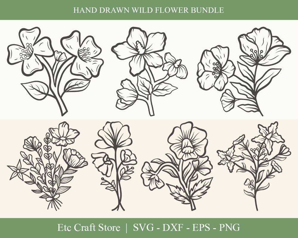 Download Иллюстрация "Wild Flower Outline Bundle Drawings - Illustration" / Wild Flower Outline Bundle Drawings - Illustration - Иллюстрация на тему графика wild,flower,floral,leaves,plant,design,svg,dxf,eps,png,clipart,cricut,cut,file,line,drawing,sketch,wreath,botanical,illustration