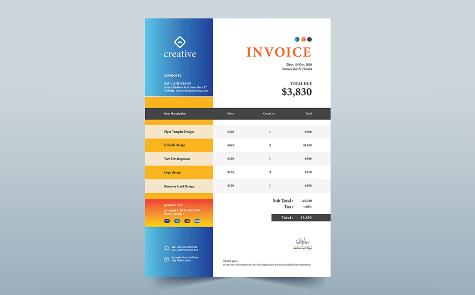 Download Фирменный стиль "Invoice Design - Corporate Identity Template" / Invoice Design - Corporate Identity Template - Фирменный стиль на тему графика a4,invoice,template,bill,blue,business,clean,elegant,fresh,illustrator,minimal,minimalist,modern,money,orange,photoshop,print,ready,professional,project
