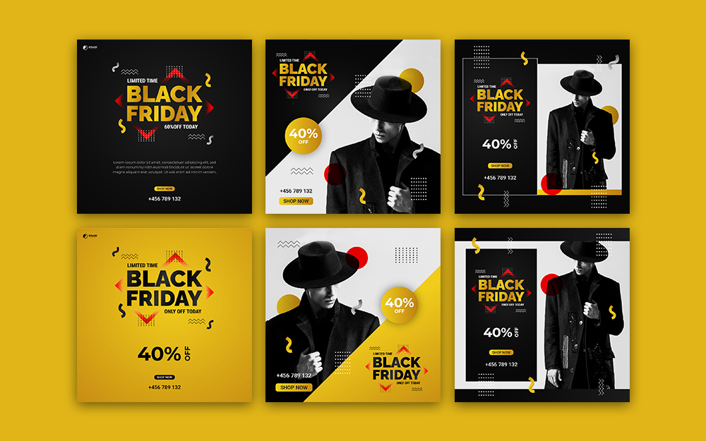 Download Шаблон для соцсетей "Blackish Social Media Template" / Blackish Social Media Template - Шаблон для соцсетей на тему графика banner,template,design,black friday,shop,shopping,gold,cover,laptop,sale,social,promotion,online,modern,black,sale banner,friday,gadgets,event