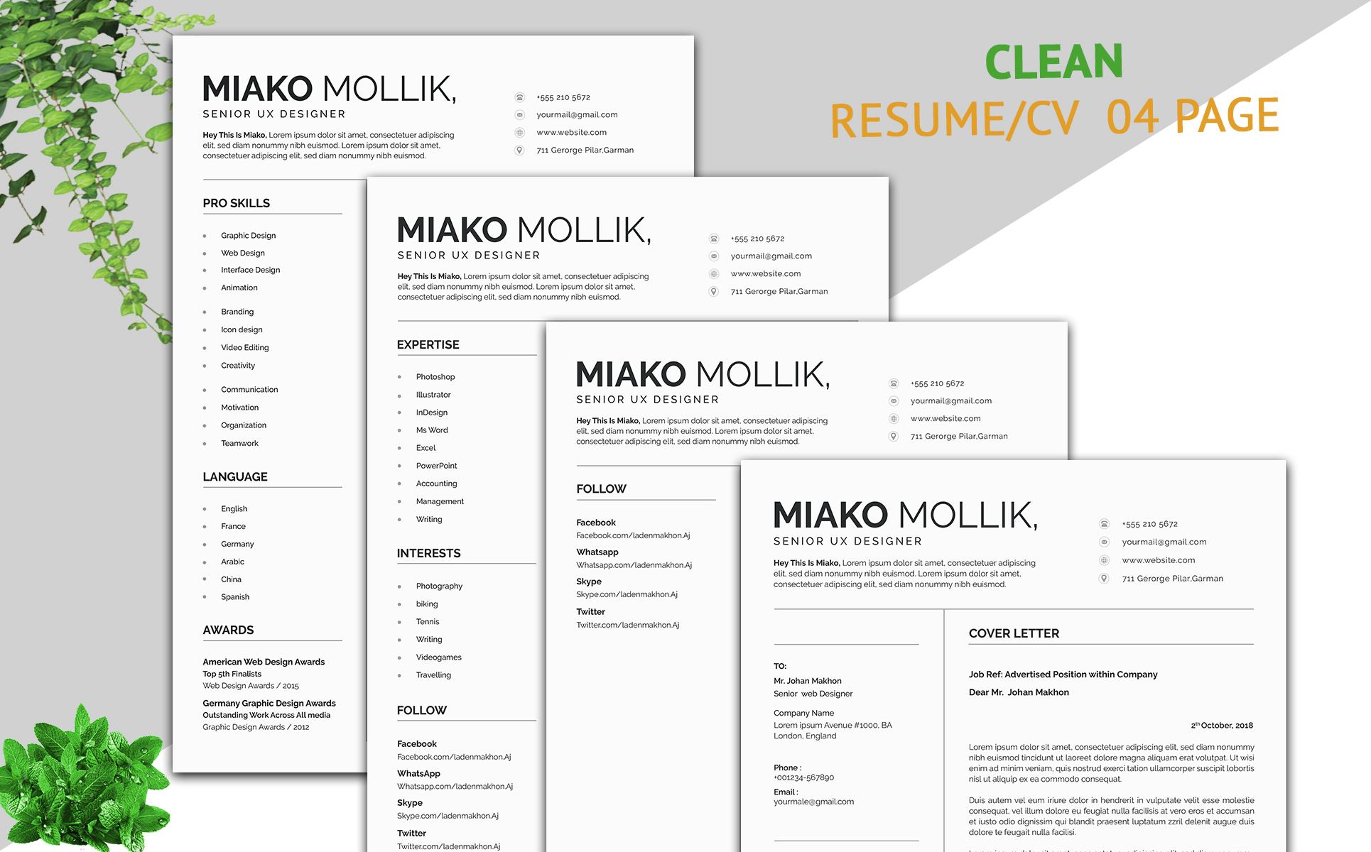 Download Резюме "Clean CV Resume Template" / Clean CV Resume Template - Резюме на тему графика professional,clean,resume,template,fully,layered,modern,minimal,profational,creative,eaditable,word,indesign,cvdesign,jobecv,elegent,portfolioundefined,printable