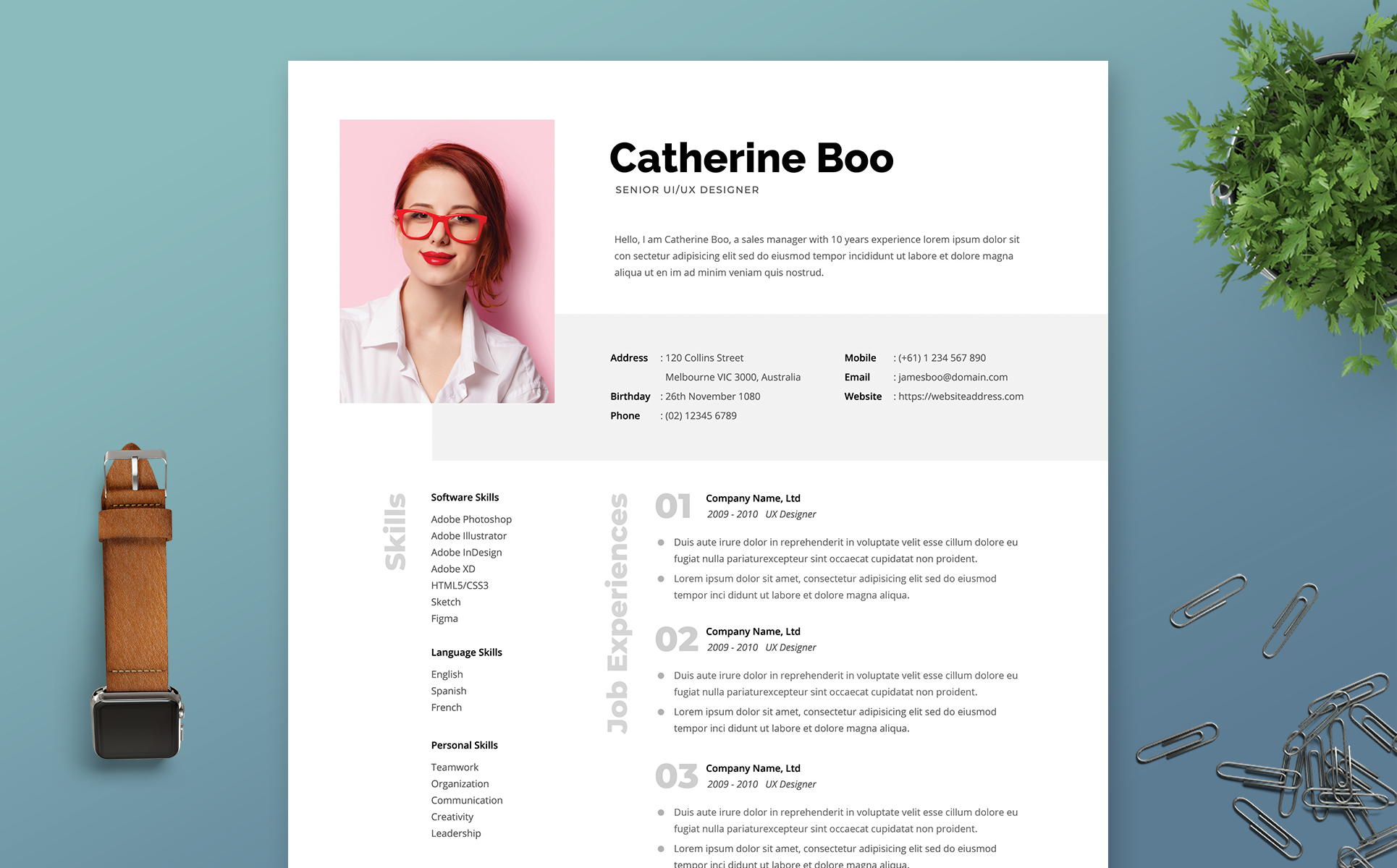 Download Резюме "Professional Woman Resume Template" / Professional Woman Resume Template - Резюме на тему графика professional,resume,cv,clean,business,corporate,documents,paper,curriculum,vitae,job,works,fresh,graduate