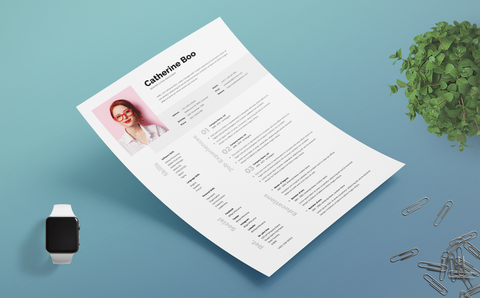 Download Резюме "Professional Woman Resume Template" / Professional Woman Resume Template - Резюме на тему графика professional,resume,cv,clean,business,corporate,documents,paper,curriculum,vitae,job,works,fresh,graduate