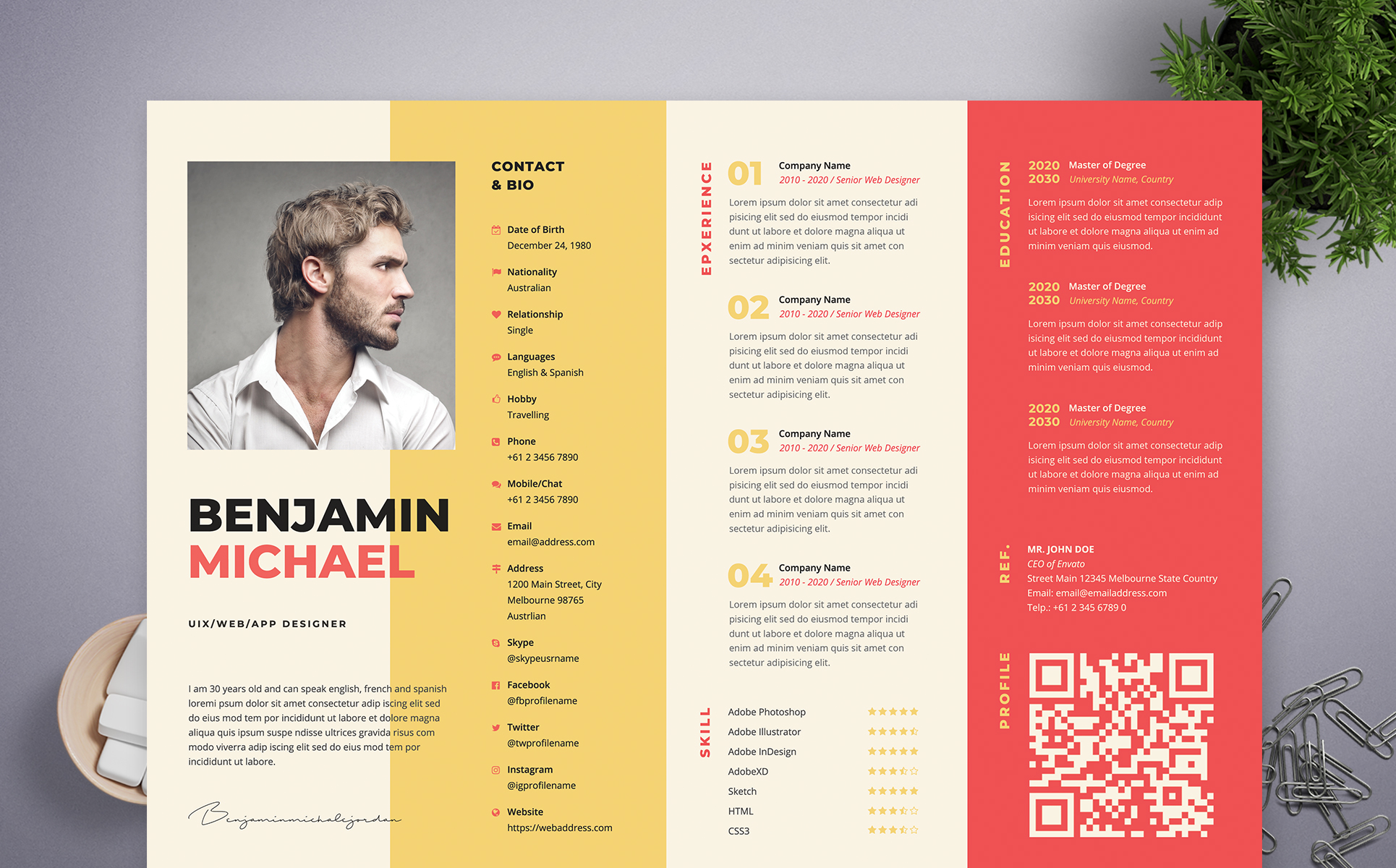 Download Резюме "Benjamin Micael | Professional and Clean Resume Template" / Benjamin Micael | Professional and Clean Resume Template - Резюме на тему графика professional,resume,cv,clean,business,corporate,documents,paper,curriculum,vitae,job,works,fresh,graduate