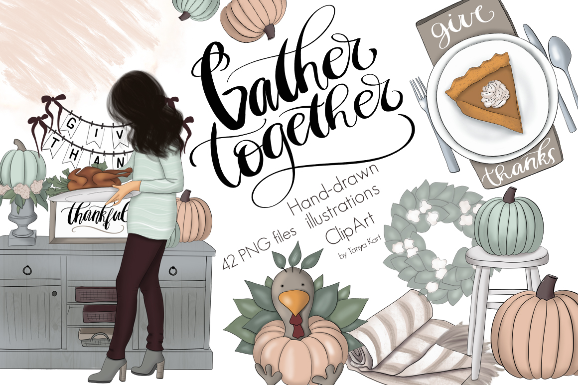 Download Иллюстрация "Gather Together Graphic Design Kit - Illustration" / Gather Together Graphic Design Kit - Illustration - Иллюстрация на тему графика give,thanks,thanksgiving,fall,autumn,pumpkins,girls,wreath,paper,pattern,blog,scrapbook,lettering,planner,illustration,texture,design,fashion,invitation,clipart