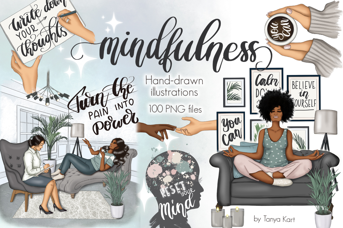 Download Иллюстрация "Mental Self Care Clipart &amp; Pattern - Illustration" / Mental Self Care Clipart &amp; Pattern - Illustration - Иллюстрация на тему графика mindfulness clipart,planner illustration,yoga clipart,motivation design,psychological	therapy,mental self care,digital paper pack,afro girl,planner papers,surface patterns,design papers,digit