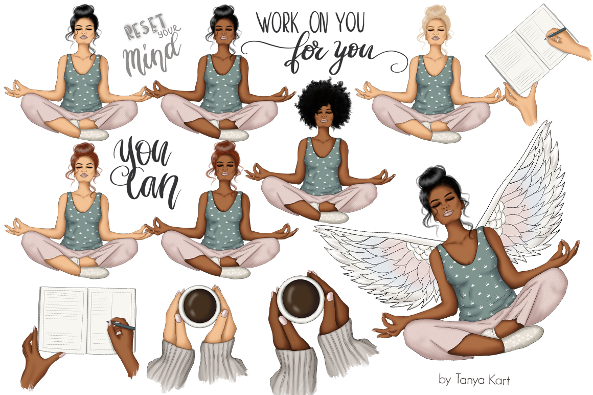 Download Иллюстрация "Mental Self Care Clipart &amp; Pattern - Illustration" / Mental Self Care Clipart &amp; Pattern - Illustration - Иллюстрация на тему графика mindfulness clipart,planner illustration,yoga clipart,motivation design,psychological	therapy,mental self care,digital paper pack,afro girl,planner papers,surface patterns,design papers,digit