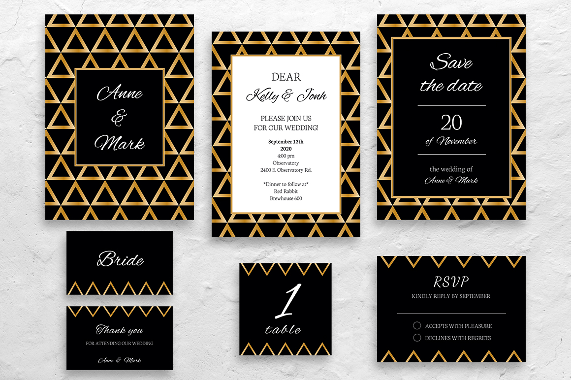 Download Фирменный стиль "Elegant black & gold wedding collection - Corporate Identity Template" / Elegant black & gold wedding collection - Corporate Identity Template - Фирменный стиль на тему графика wedding,invitation,invite,collection,black,gold,template,psd,vector,card,customizable,suite,rsvp,geometry,elegant,craft,print,triangle,golden,stylish