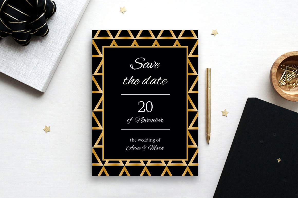 Download Фирменный стиль "Elegant black & gold wedding collection - Corporate Identity Template" / Elegant black & gold wedding collection - Corporate Identity Template - Фирменный стиль на тему графика wedding,invitation,invite,collection,black,gold,template,psd,vector,card,customizable,suite,rsvp,geometry,elegant,craft,print,triangle,golden,stylish