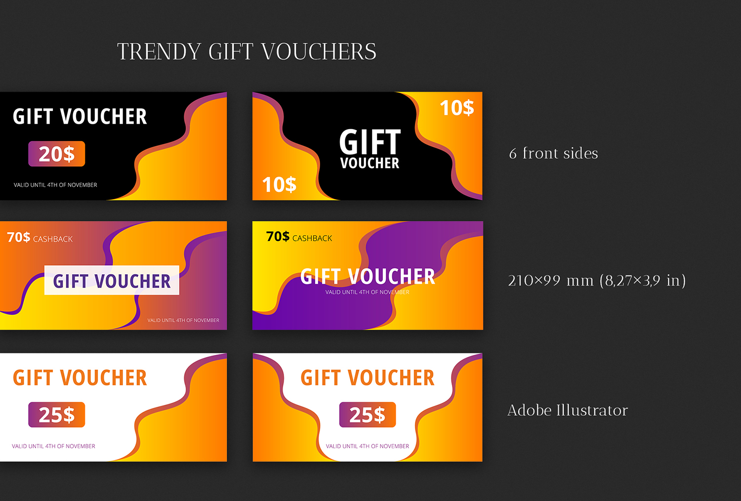 Download Фирменный стиль "Trendy Gift Vouchers Bundle - Corporate Identity Template" / Trendy Gift Vouchers Bundle - Corporate Identity Template - Фирменный стиль на тему графика voucher,card,advertisement,gift,trendy,fun,vivid,multicolored,template,gradient,unique,business,commercial,marketing,promotion,shop,store,vector,ai,bundle