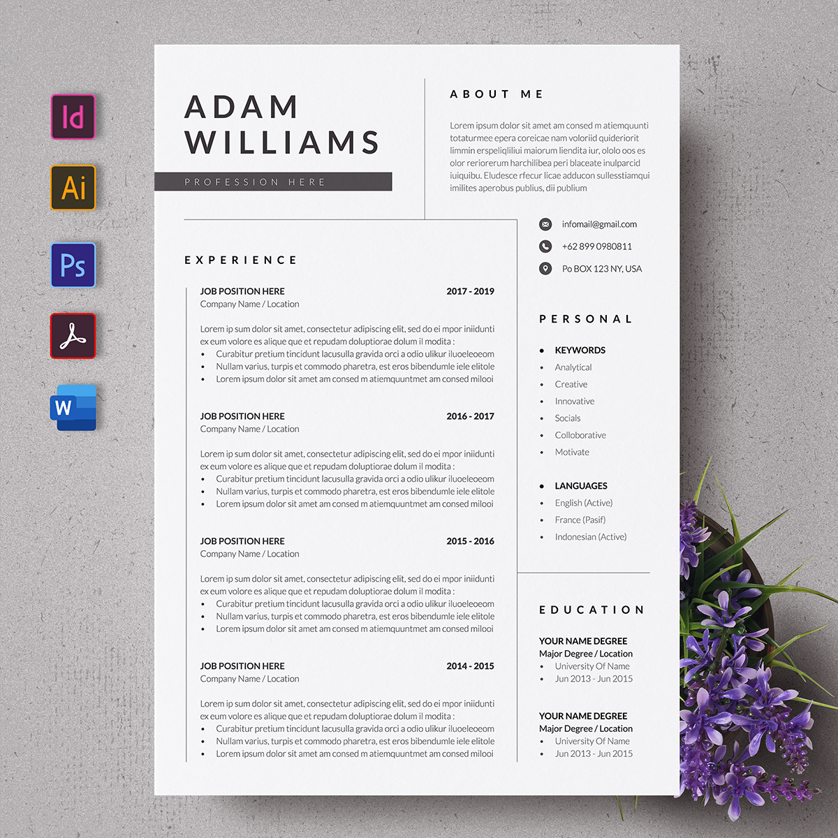 Download Резюме "Simple CV Resume Template" / Simple CV Resume Template - Резюме на тему графика cv,simple,resume,template,job,professional,curiculum,vitae,clean,modern,minimalist,indesign,photoshop,illustrator,word,layout,experience,minimal,portfolio,elegant