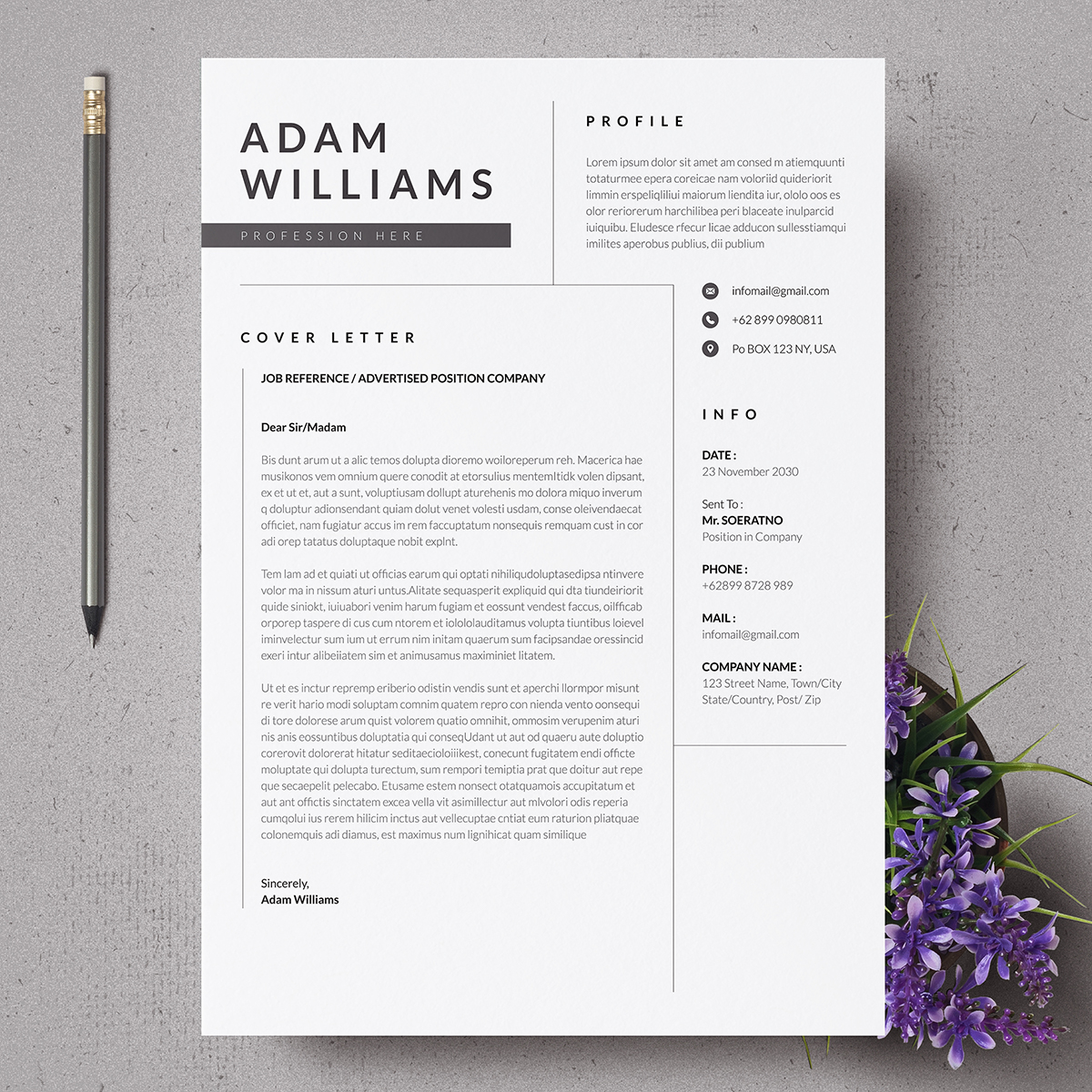 Download Резюме "Simple CV Resume Template" / Simple CV Resume Template - Резюме на тему графика cv,simple,resume,template,job,professional,curiculum,vitae,clean,modern,minimalist,indesign,photoshop,illustrator,word,layout,experience,minimal,portfolio,elegant