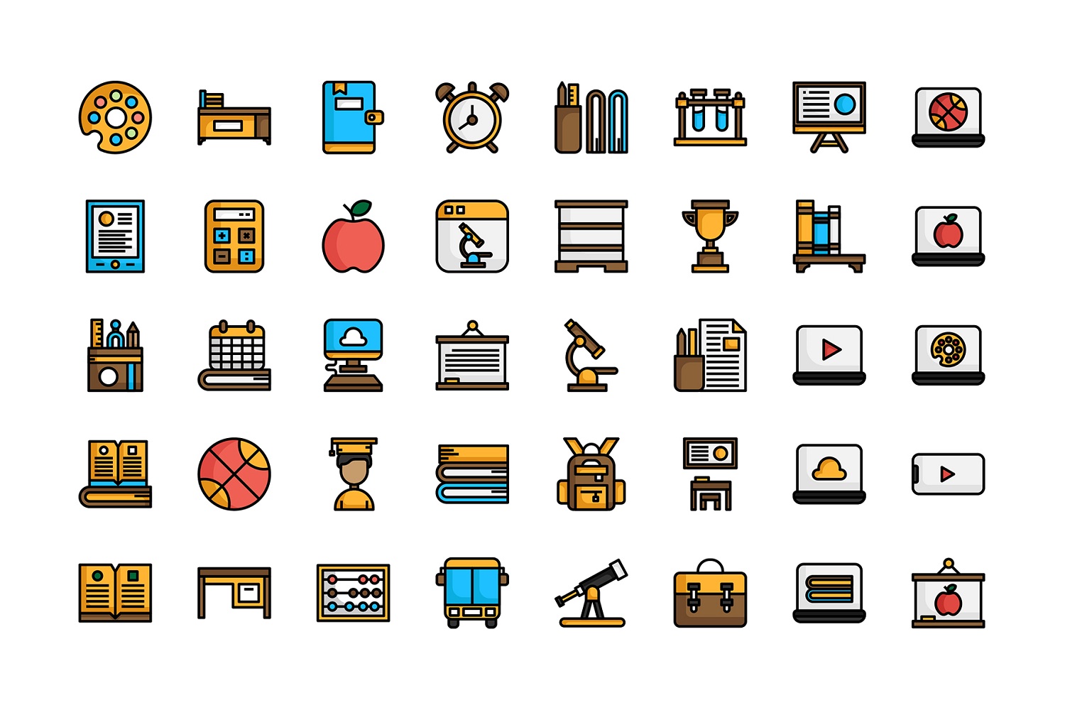 Download Набор иконок "Premium Back to School Icon Set" / Premium Back to School Icon Set - Набор иконок на тему графика back to school,biology,book,chemistry,children,class,college,course,creativity,education,geography,geometry,imagination,internet,kids,language,learning,notebook,online,doodle