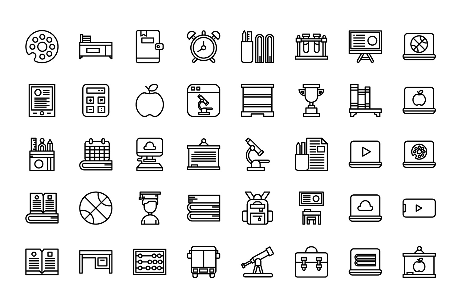 Download Набор иконок "Premium Back to School Icon Set" / Premium Back to School Icon Set - Набор иконок на тему графика back to school,biology,book,chemistry,children,class,college,course,creativity,education,geography,geometry,imagination,internet,kids,language,learning,notebook,online,doodle