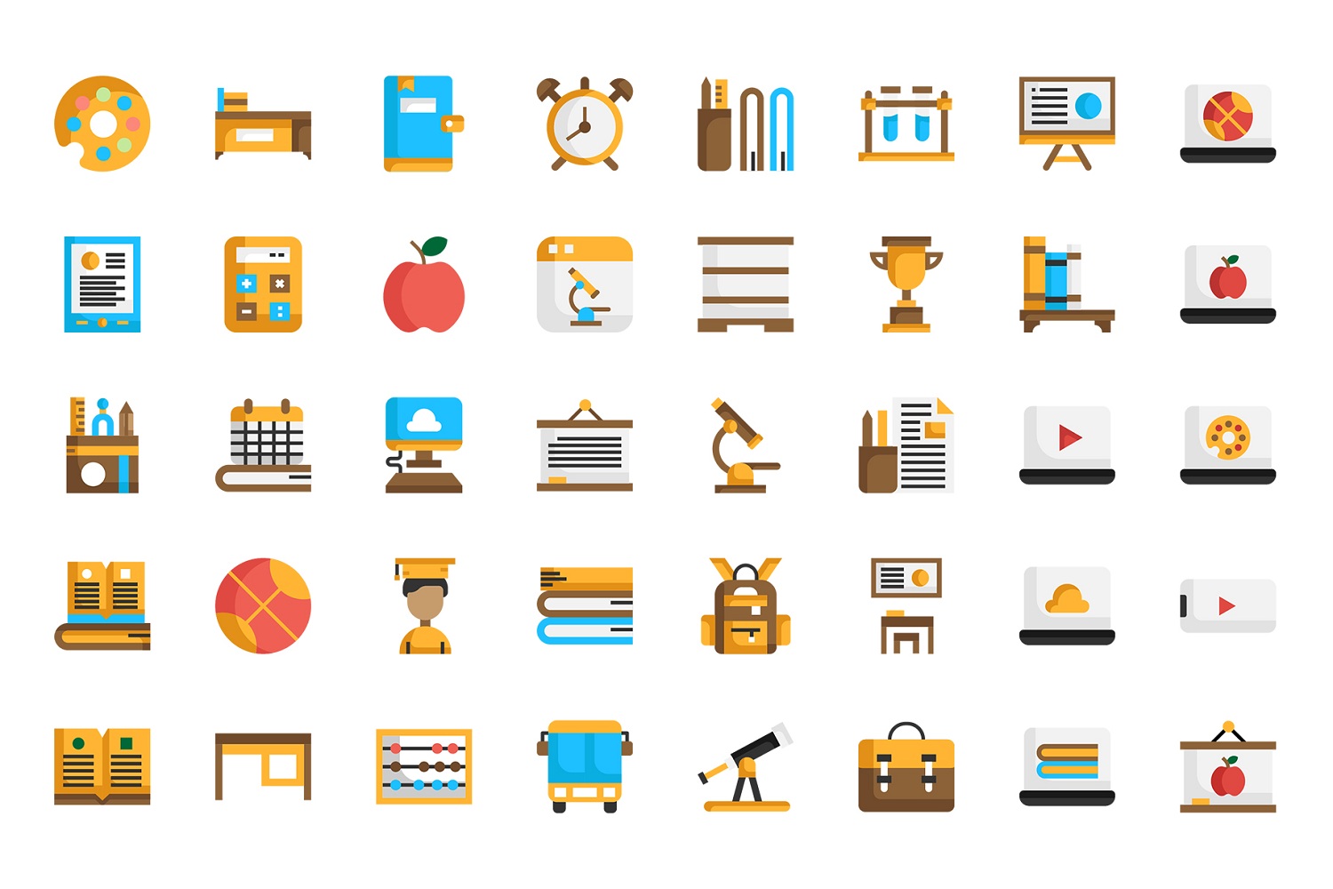 Download Набор иконок "Premium Back to School Icon Set" / Premium Back to School Icon Set - Набор иконок на тему графика back to school,biology,book,chemistry,children,class,college,course,creativity,education,geography,geometry,imagination,internet,kids,language,learning,notebook,online,doodle