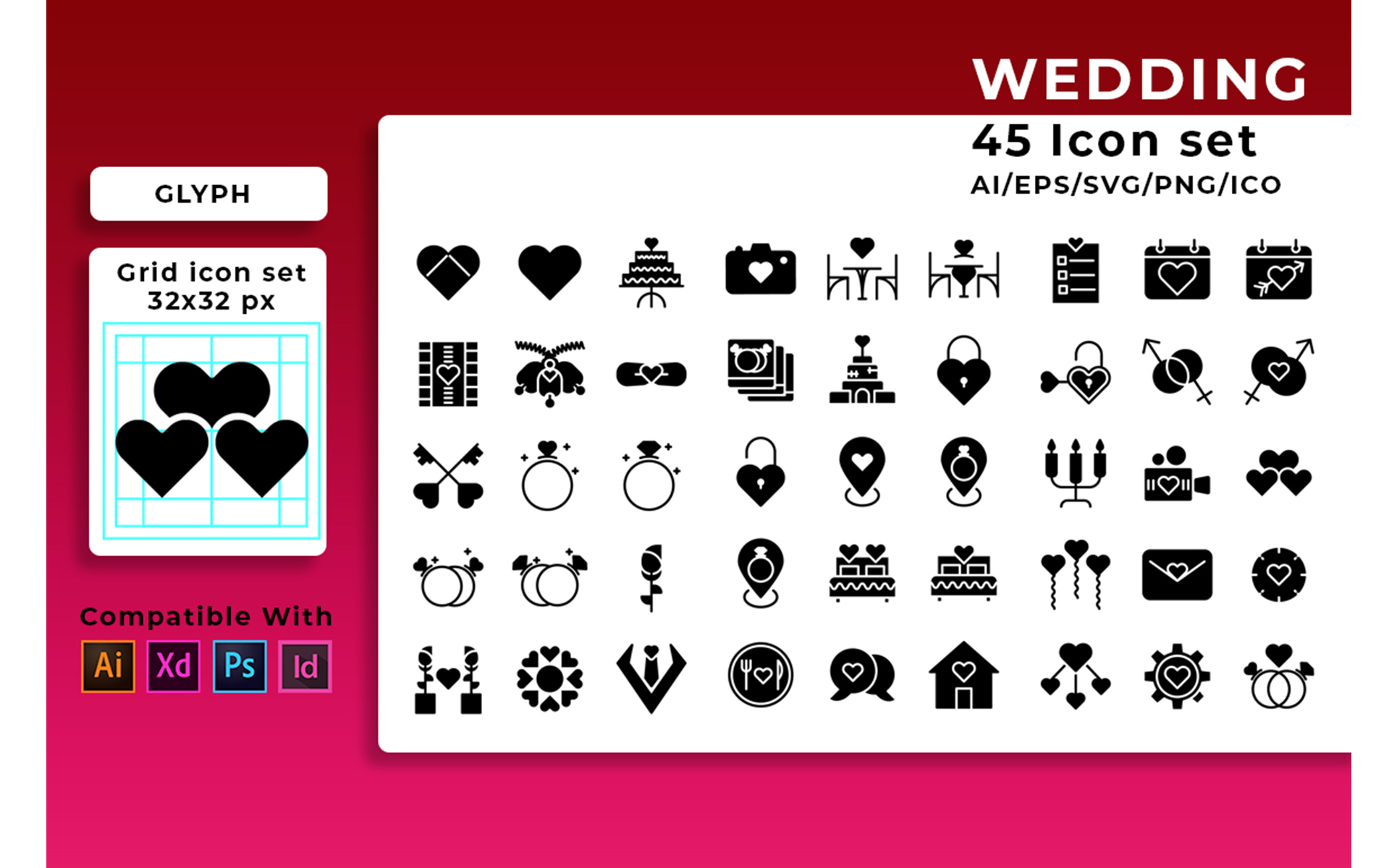 Download Набор иконок "Wedding Set Icon" / Wedding Set Icon - Набор иконок на тему графика wedding,bride,cake,heart,love,camera,church,vector,marriage,icon,set,gift,music,bouquet,champagne,groom,celebration,envelope,couple,dove
