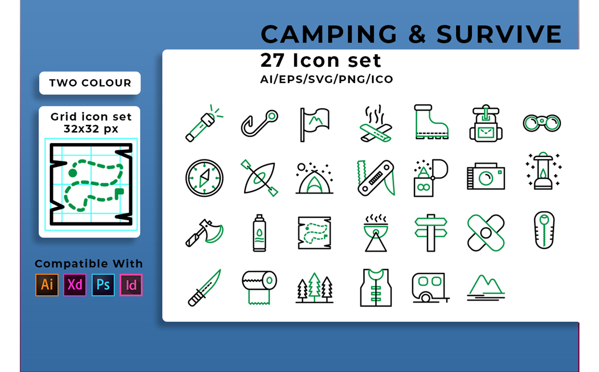 Download Набор иконок "Camping And Survive Set Icon" / Camping And Survive Set Icon - Набор иконок на тему графика survival,icon,backpack,adventure,set,travel,tourism,camp,forest,hiking,tent,vector,map,vacation,outdoor,recreation,nature,leisure,fire,summer