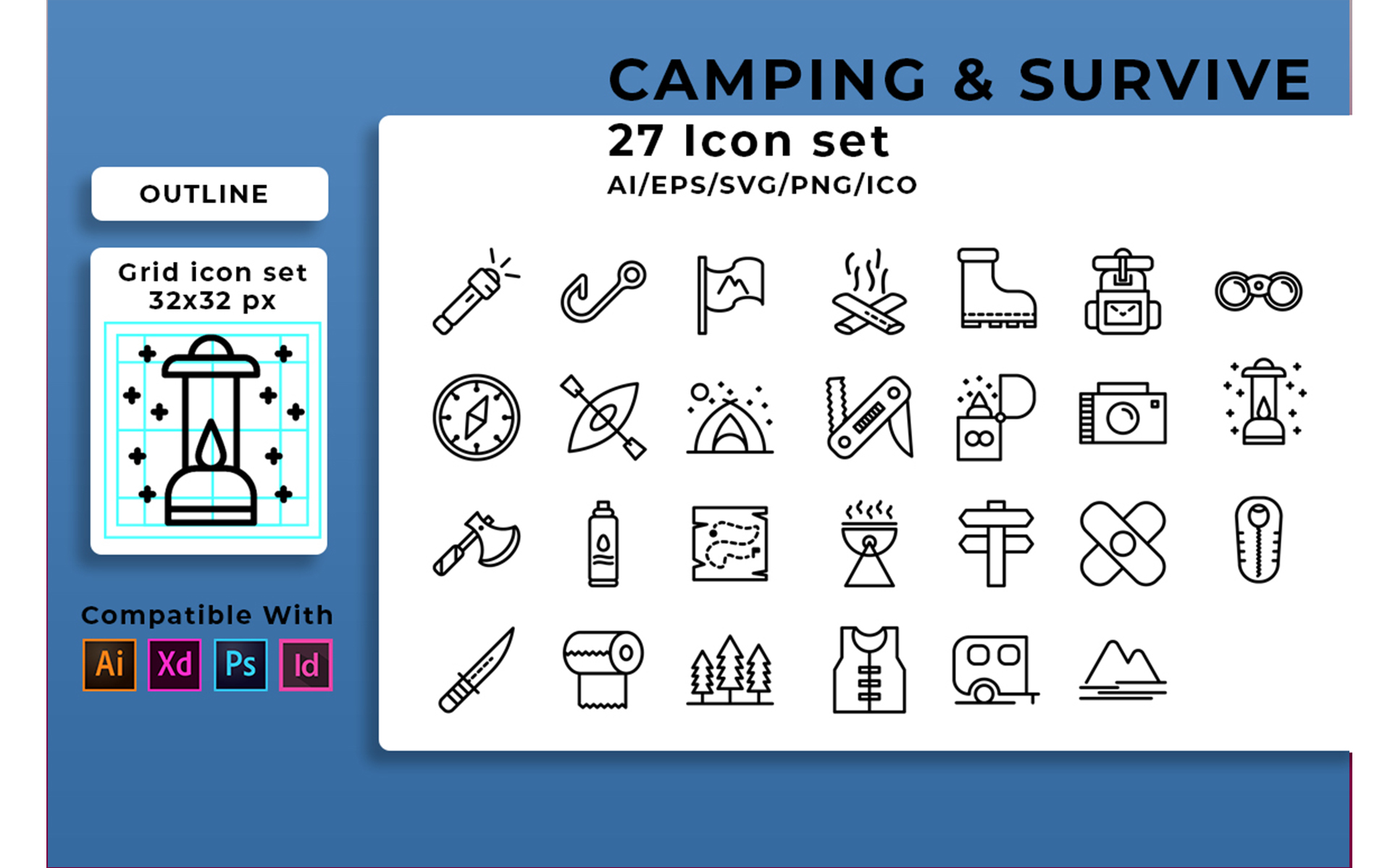 Download Набор иконок "Camping And Survive Set Icon" / Camping And Survive Set Icon - Набор иконок на тему графика survival,icon,backpack,adventure,set,travel,tourism,camp,forest,hiking,tent,vector,map,vacation,outdoor,recreation,nature,leisure,fire,summer