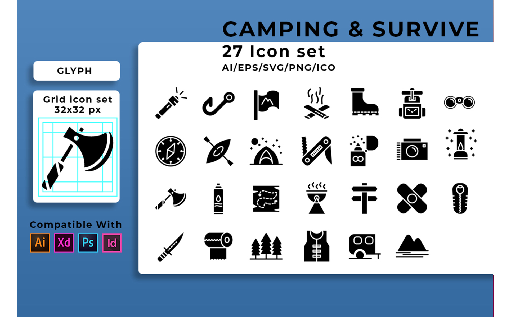 Download Набор иконок "Camping And Survive Set Icon" / Camping And Survive Set Icon - Набор иконок на тему графика survival,icon,backpack,adventure,set,travel,tourism,camp,forest,hiking,tent,vector,map,vacation,outdoor,recreation,nature,leisure,fire,summer