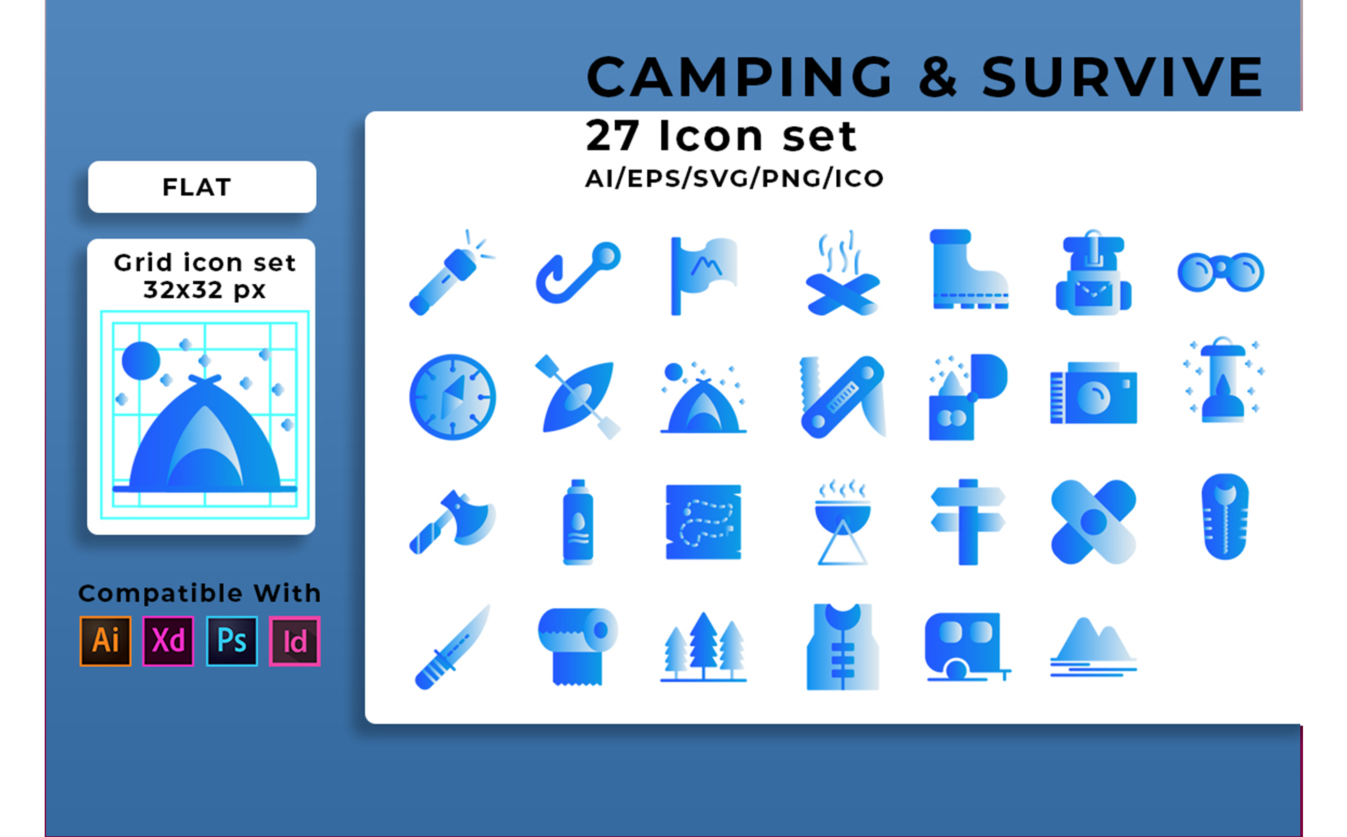 Download Набор иконок "Camping And Survive Set Icon" / Camping And Survive Set Icon - Набор иконок на тему графика survival,icon,backpack,adventure,set,travel,tourism,camp,forest,hiking,tent,vector,map,vacation,outdoor,recreation,nature,leisure,fire,summer
