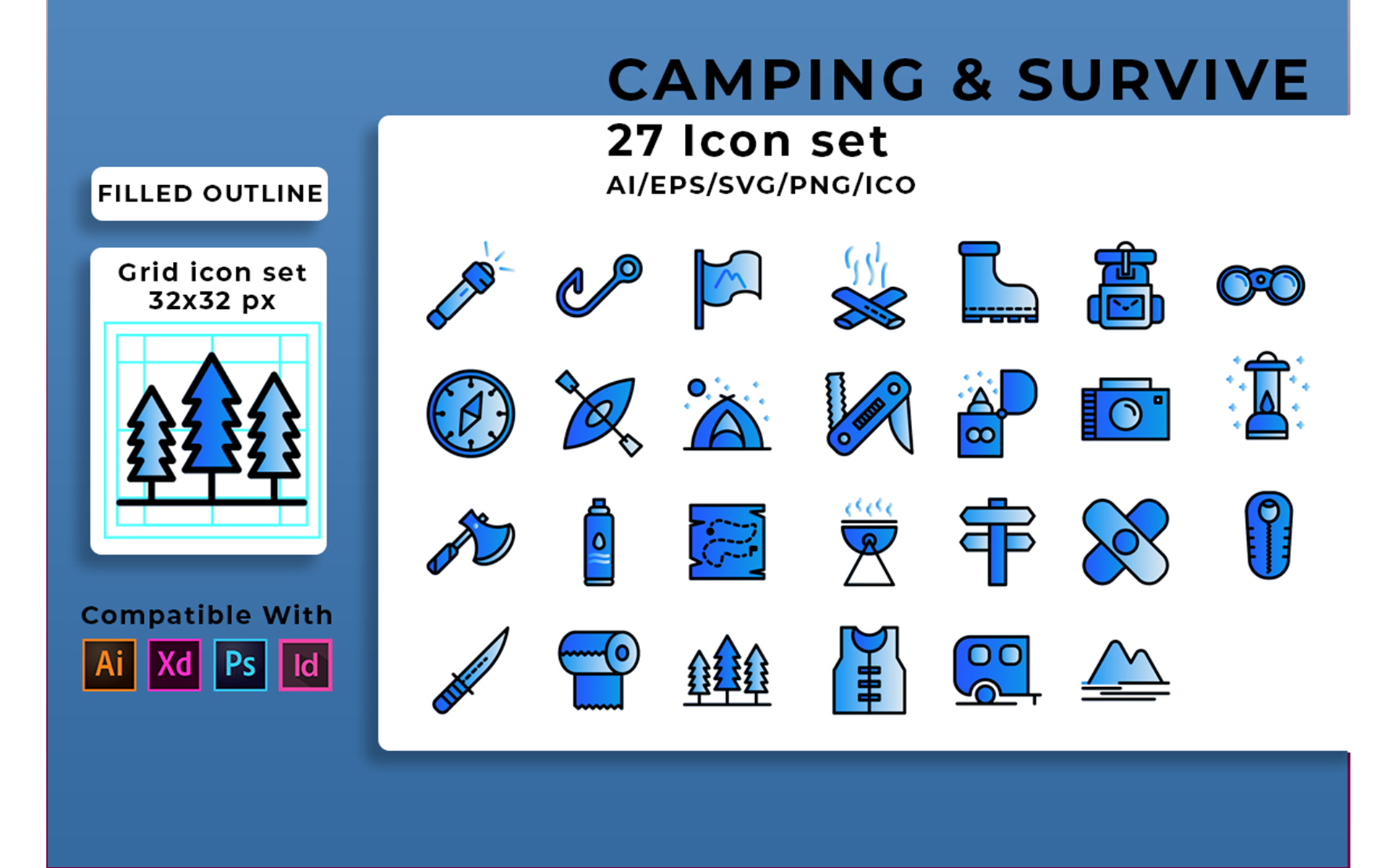 Download Набор иконок "Camping And Survive Set Icon" / Camping And Survive Set Icon - Набор иконок на тему графика survival,icon,backpack,adventure,set,travel,tourism,camp,forest,hiking,tent,vector,map,vacation,outdoor,recreation,nature,leisure,fire,summer