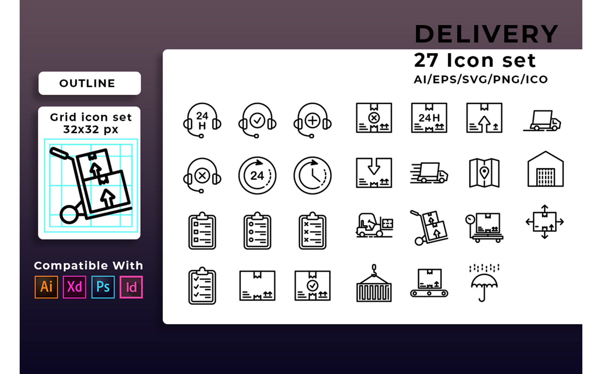 Download Набор иконок "Delivery Set Icon" / Delivery Set Icon - Набор иконок на тему графика delivery,icon,set,line,vector,symbol,outline,business,service,truck,express,box,thin,fast,package,shipping,distribution,web,sign,courier