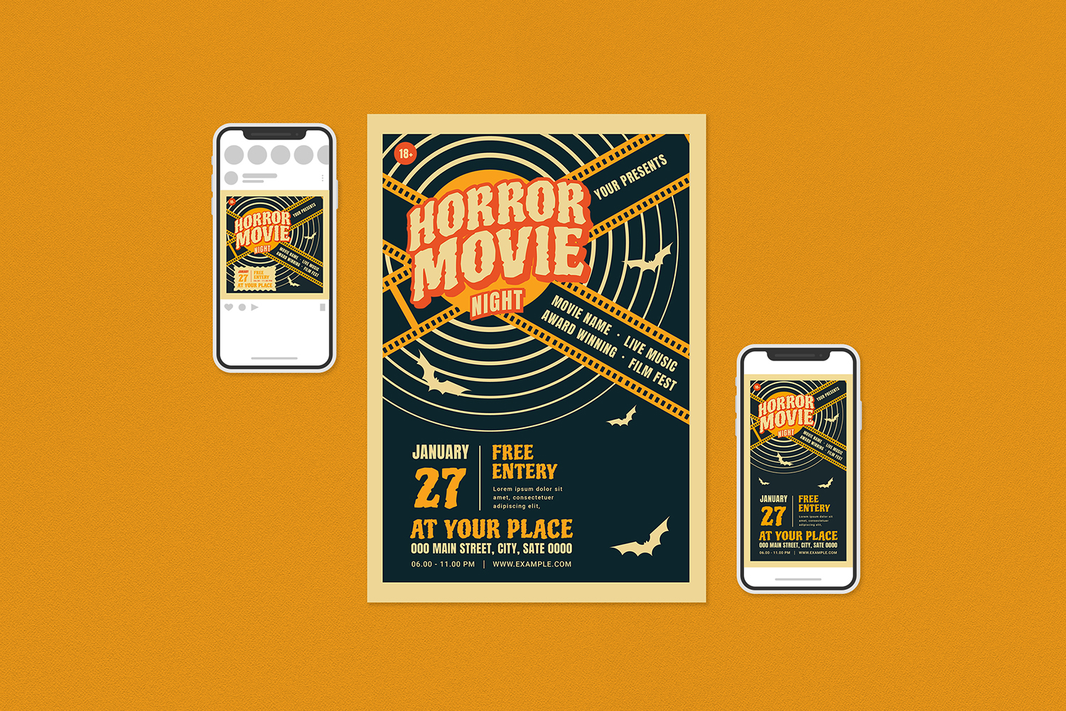 Download Фирменный стиль "Horror Movie Night Flyer Set - Corporate Identity Template" / Horror Movie Night Flyer Set - Corporate Identity Template - Фирменный стиль на тему графика movie night,horror movie,popcorn,festival,halloween,vintage,retro,flyer,template,film,blockbuster,business,poster,award