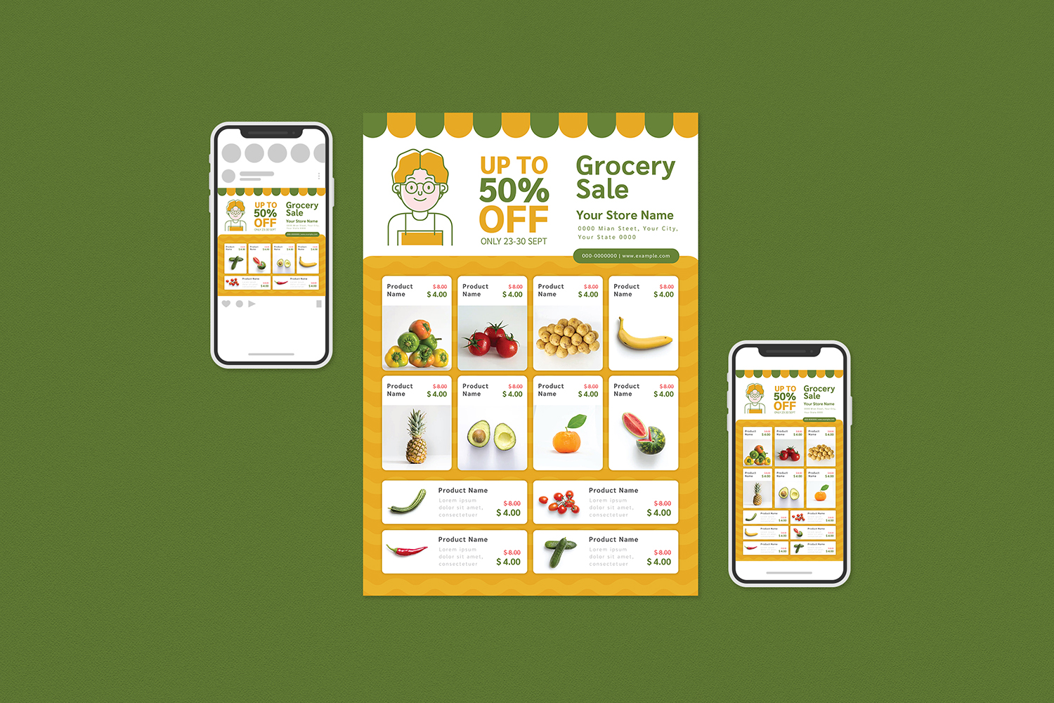 Download Фирменный стиль "Grocery Sale Flyer Set - Corporate Identity Template" / Grocery Sale Flyer Set - Corporate Identity Template - Фирменный стиль на тему графика ad,commerce,delivery,discount,farmer,flyer,fruit,groceries,grocery,market,online,poster,print,product,promotion,sale,supermarket,vegetable,social media,instagram