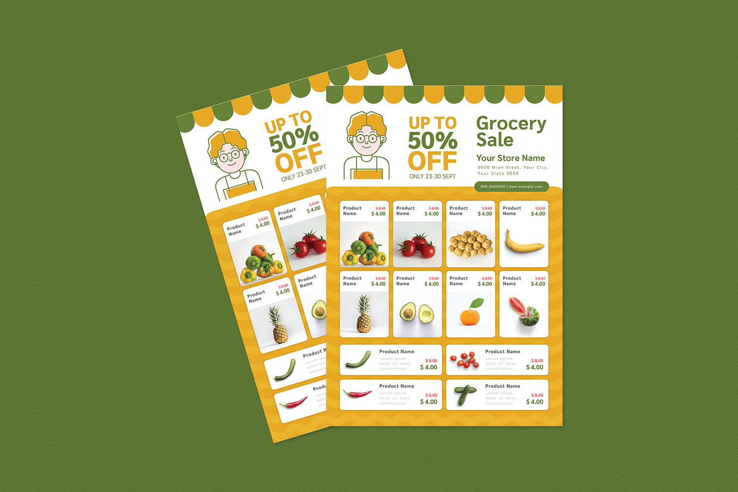 Download Фирменный стиль "Grocery Sale Flyer Set - Corporate Identity Template" / Grocery Sale Flyer Set - Corporate Identity Template - Фирменный стиль на тему графика ad,commerce,delivery,discount,farmer,flyer,fruit,groceries,grocery,market,online,poster,print,product,promotion,sale,supermarket,vegetable,social media,instagram