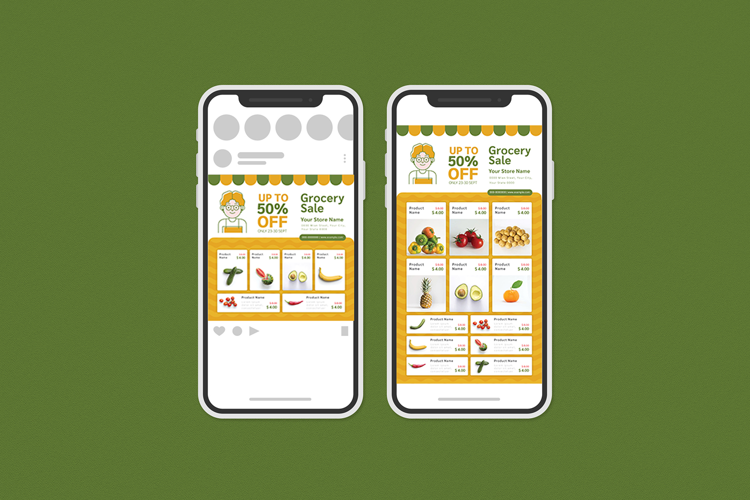Download Фирменный стиль "Grocery Sale Flyer Set - Corporate Identity Template" / Grocery Sale Flyer Set - Corporate Identity Template - Фирменный стиль на тему графика ad,commerce,delivery,discount,farmer,flyer,fruit,groceries,grocery,market,online,poster,print,product,promotion,sale,supermarket,vegetable,social media,instagram