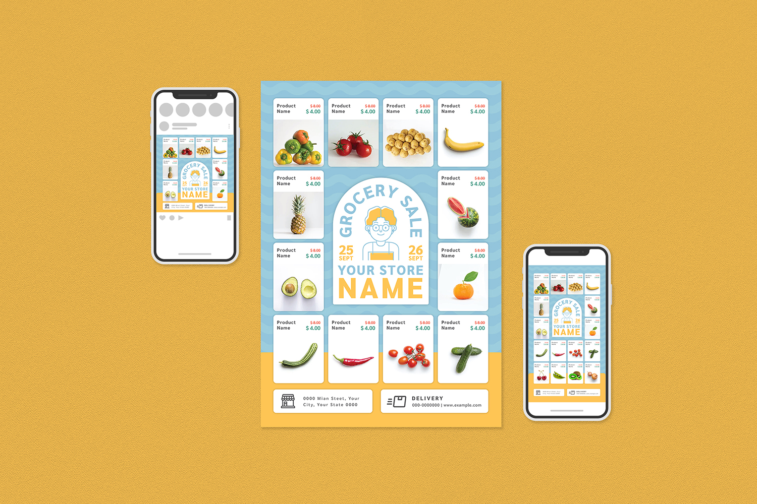 Download Фирменный стиль "Grocery Sale Flyer Set - Corporate Identity Template" / Grocery Sale Flyer Set - Corporate Identity Template - Фирменный стиль на тему графика ad,commerce,delivery,discount,farmer,flyer,fruit,groceries,grocery,market,online,poster,print,product,promotion,sale,supermarket,vegetable,advertisement,social media