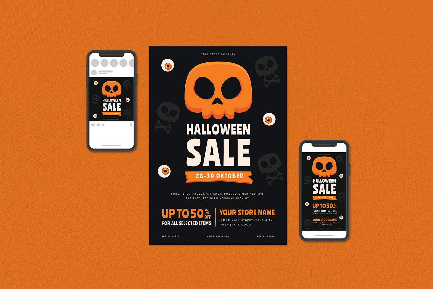 Download Фирменный стиль "Halloween Sale Flyer Set - Corporate Identity Template" / Halloween Sale Flyer Set - Corporate Identity Template - Фирменный стиль на тему графика deal,deals,discount,discounts,flyer,flyers,gift,halloween,kid,kids,modern,print template,pumpkin,sale,sales,savings,scary,template,templates,treat