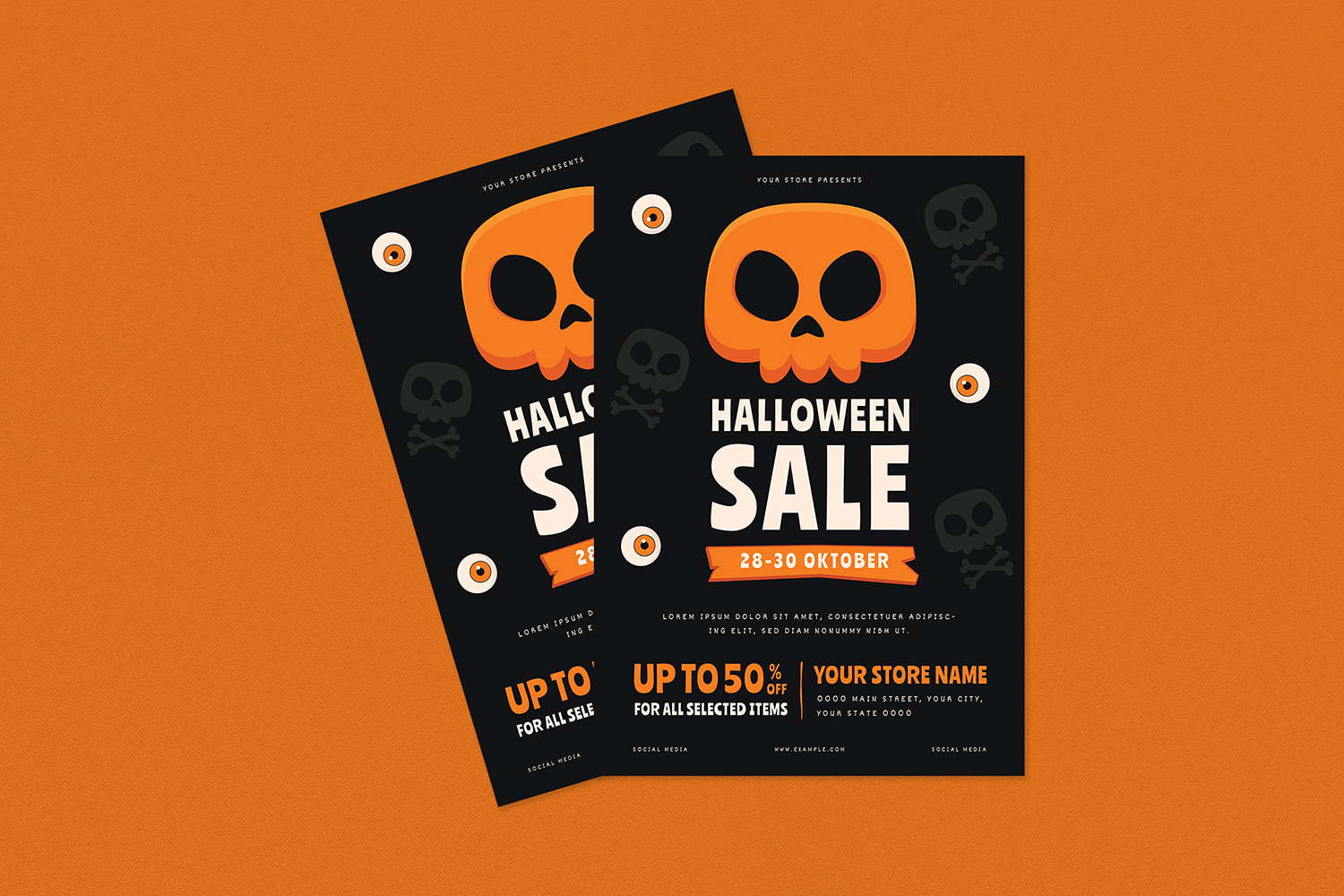 Download Фирменный стиль "Halloween Sale Flyer Set - Corporate Identity Template" / Halloween Sale Flyer Set - Corporate Identity Template - Фирменный стиль на тему графика deal,deals,discount,discounts,flyer,flyers,gift,halloween,kid,kids,modern,print template,pumpkin,sale,sales,savings,scary,template,templates,treat