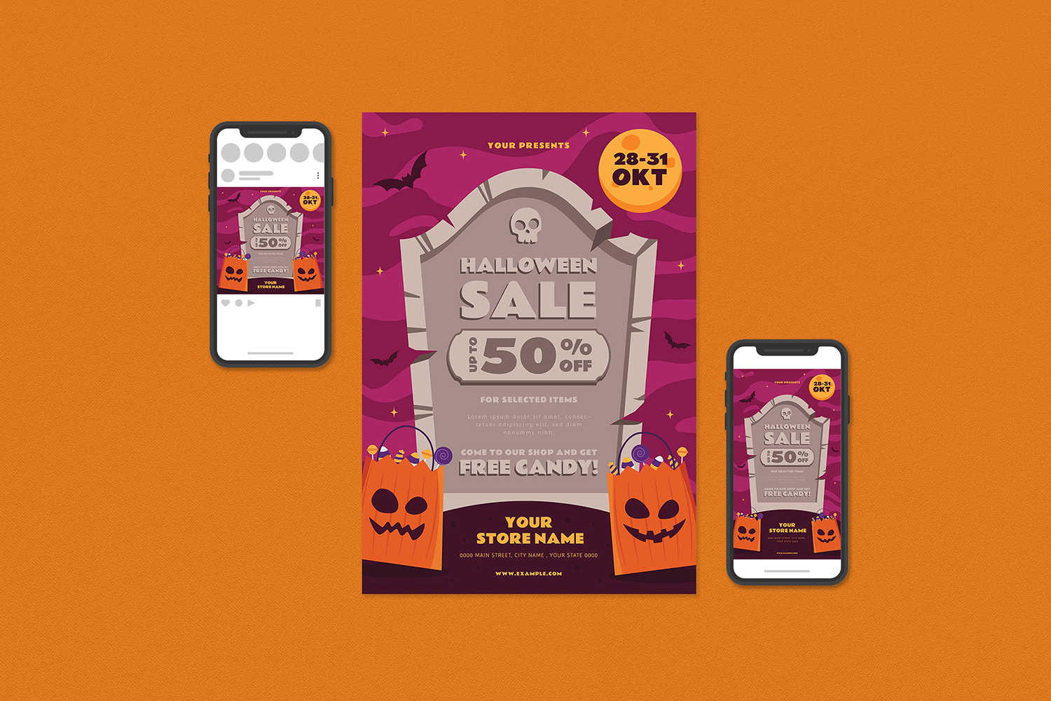 Download Фирменный стиль "Halloween Sale Flyer Set - Corporate Identity Template" / Halloween Sale Flyer Set - Corporate Identity Template - Фирменный стиль на тему графика deal,deals,discount,discounts,flyer,flyers,gift,halloween,kid,kids,modern,print template,pumpkin,sale,sales,savings,scary,template,templates,treat