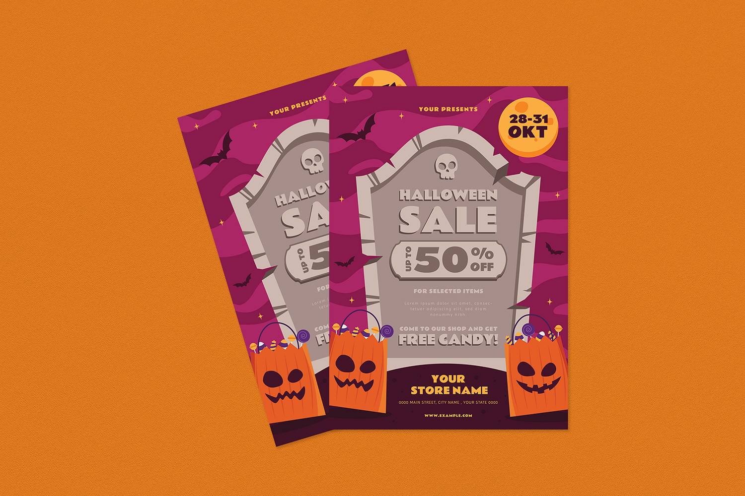 Download Фирменный стиль "Halloween Sale Flyer Set - Corporate Identity Template" / Halloween Sale Flyer Set - Corporate Identity Template - Фирменный стиль на тему графика deal,deals,discount,discounts,flyer,flyers,gift,halloween,kid,kids,modern,print template,pumpkin,sale,sales,savings,scary,template,templates,treat