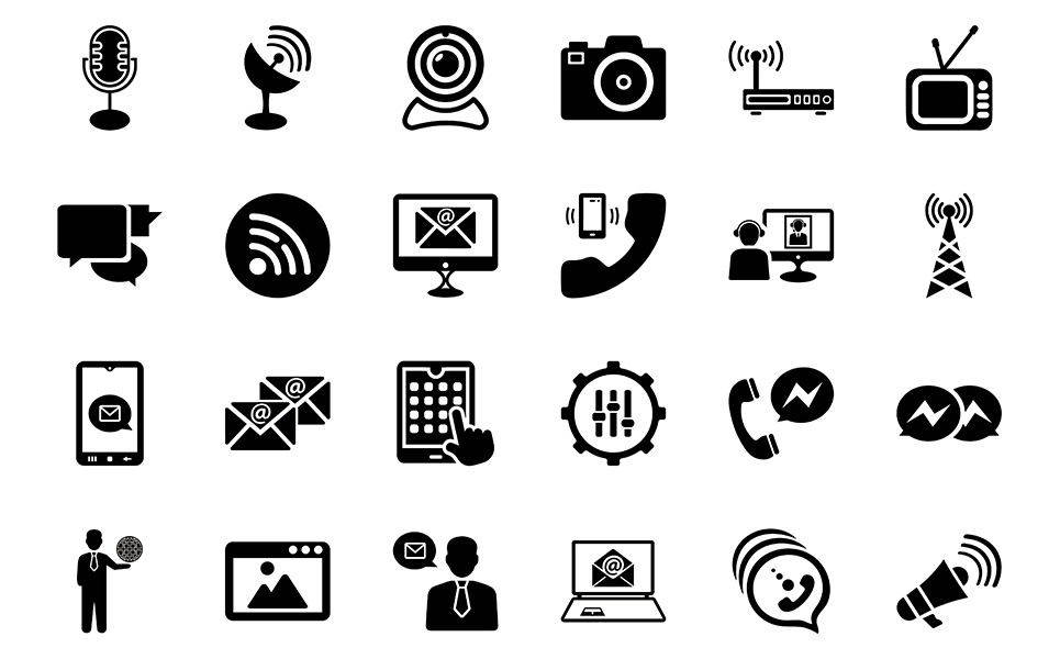 Download Набор иконок "Communication Pack | Multipurpose Vector Icon Set" / Communication Pack | Multipurpose Vector Icon Set - Набор иконок на тему графика communication,devices,contact,camera,satellite,antenna,multimedia,email,medium,tower,wireless,radio,router,rss,tv,headphone,sms,call,video conference,phone