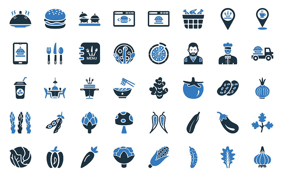 Download Набор иконок "Food and Restaurant | Vector Icon Set" / Food and Restaurant | Vector Icon Set - Набор иконок на тему графика food,restaurant,drink,bevarage,online order,delivery,service,coffee,shop,pizza,soup,fruit,vegetable,chef,waiter,menu,burger,onion,table,chili