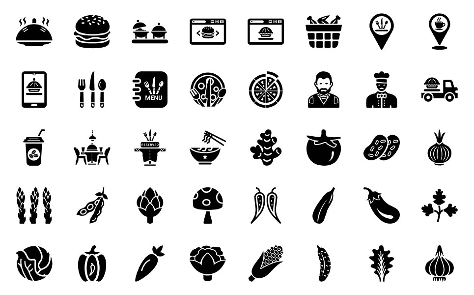 Download Набор иконок "Food and Restaurant | Vector Icon Set" / Food and Restaurant | Vector Icon Set - Набор иконок на тему графика food,restaurant,drink,bevarage,online order,delivery,service,coffee,shop,pizza,soup,fruit,vegetable,chef,waiter,menu,burger,onion,table,chili